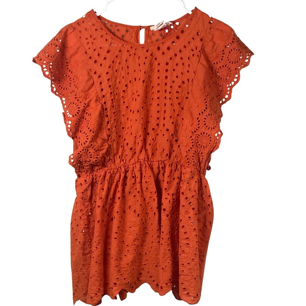 Solitaire Top Women’s Large Orange Eyelet Embroidered Peplum Ruffles Sweet Boho